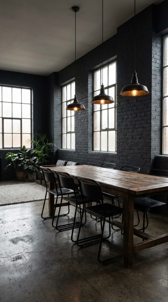 Moody dining room idea featuring black painted brick walls, reclaimed wood dining table, black metal sled base chairs, industrial dome pendant lights, concrete flooring, and large grid windows.