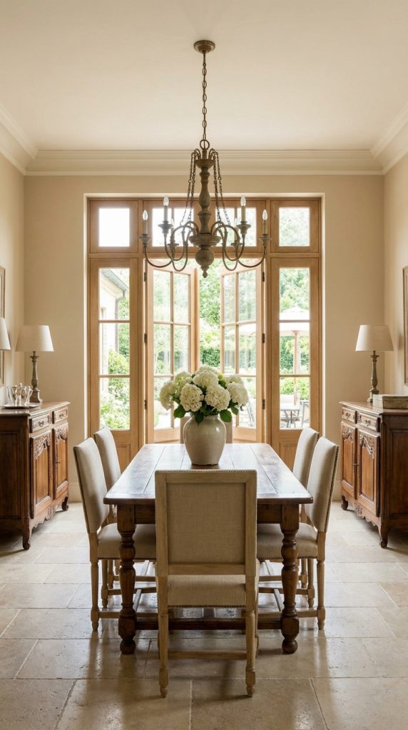 Elegant French country dining room idea centered on garden-view French doors, turned-leg wood table, upholstered chairs, twin antique cabinets, and classic chandelier.