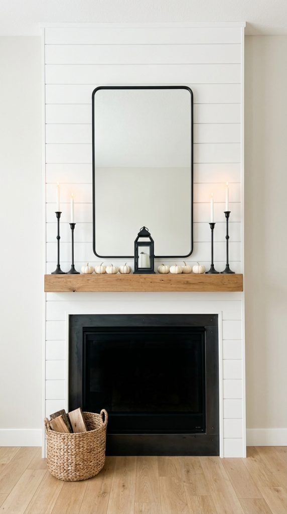 Farmhouse mantel decor idea with white shiplap fireplace, black framed mirror, wood beam mantel, black candlesticks, mini pumpkins, and black fireplace insert.