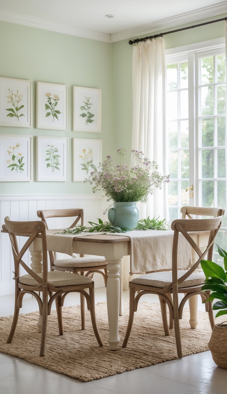 A bright dining room with botanical prints on the walls, a wooden table with chairs, fresh flowers in a vase, and natural light filling the space.