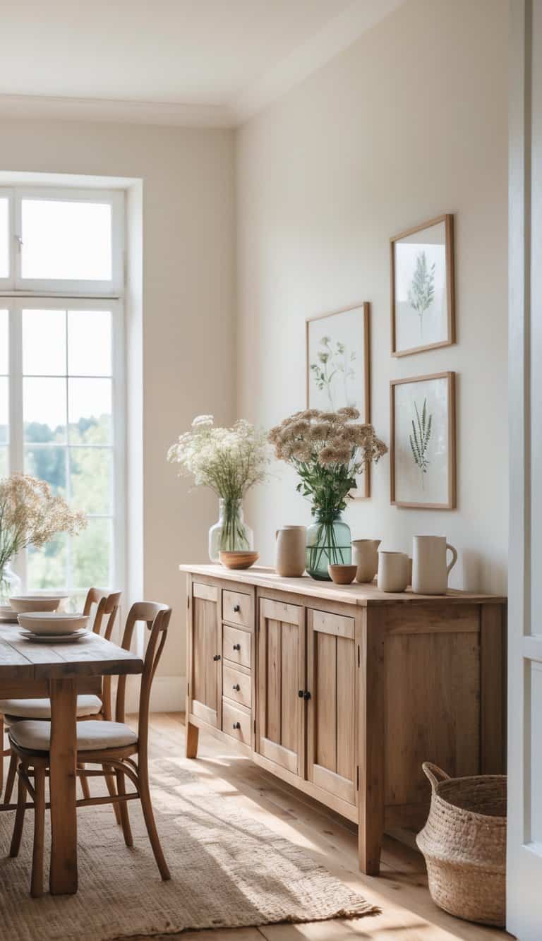A bright dining room with a rustic wooden sideboard, wooden dining table, chairs, and natural light filling the space.