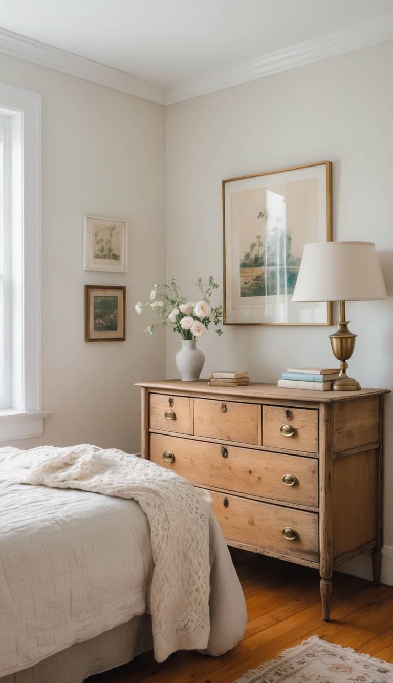 A bright bedroom featuring a distressed wooden dresser, a neatly made bed with textured pillows and blanket, hardwood floors with a patterned rug, and soft natural light filling the room.