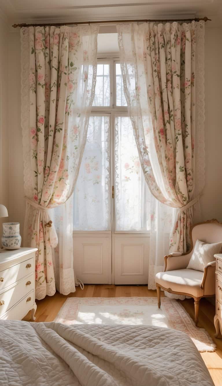 A bright bedroom with floral lace curtains, a wooden bed, a vintage dresser, and a cozy armchair, all arranged neatly in a clean and inviting space.