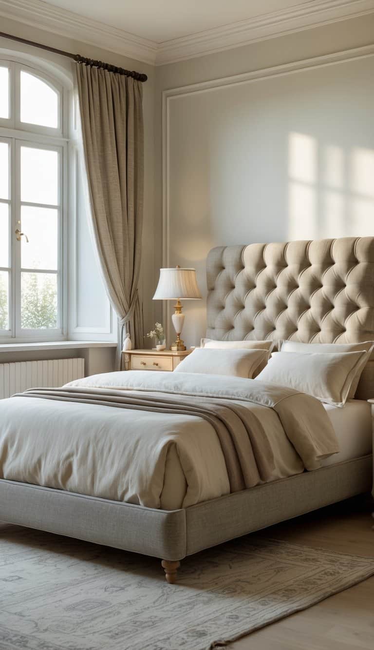 A bright bedroom with a tufted headboard, neatly made bed, wooden nightstand, and large windows letting in natural light.