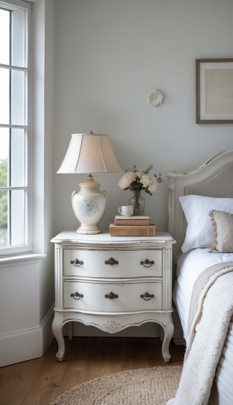 A bright bedroom featuring a vintage-style bedside table next to a neatly made bed with soft linens and a small lamp, with natural light filling the clean and cozy room.