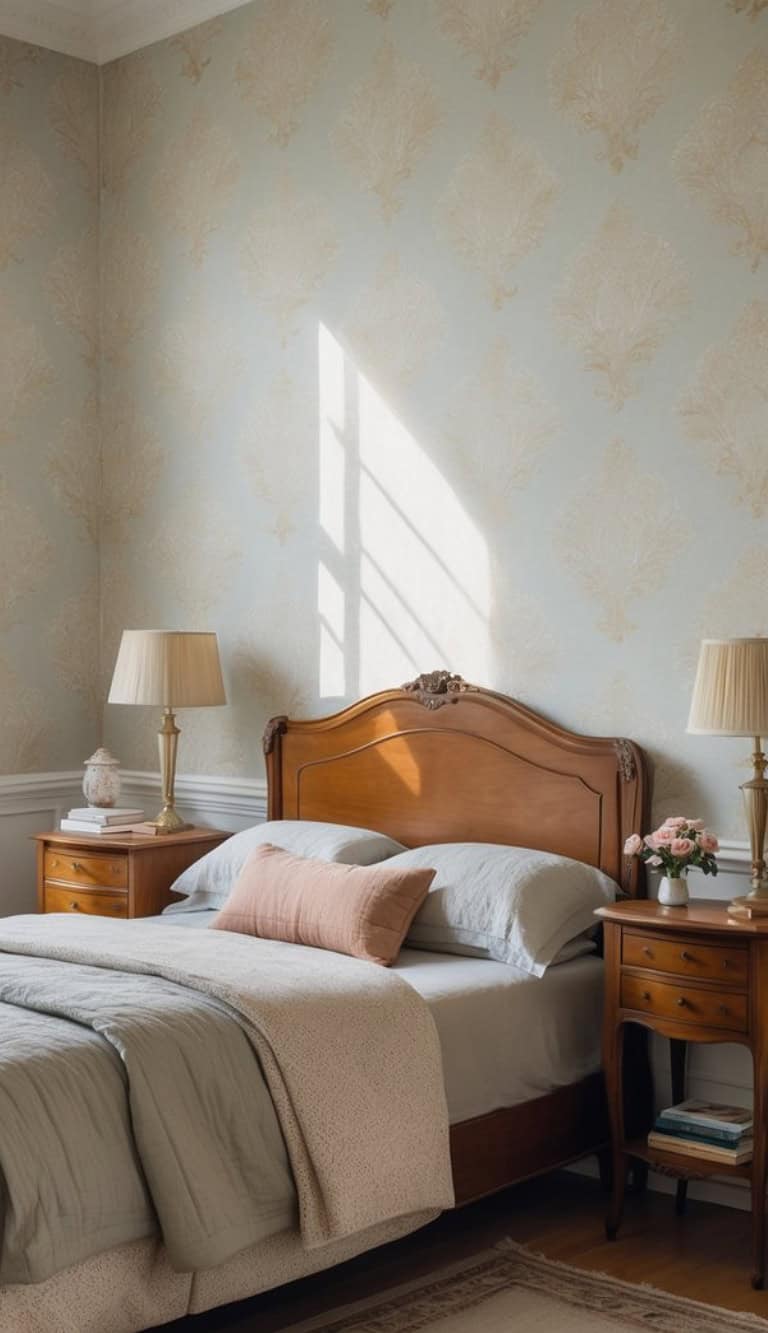 A cozy bedroom with light blue wallpaper featuring a subtle floral pattern, a wooden bed with a padded headboard, and layered bedding in muted tones. There are two bedside tables with lamps, one holding a vase of pink flowers, and sunlight casting shadows across the room.