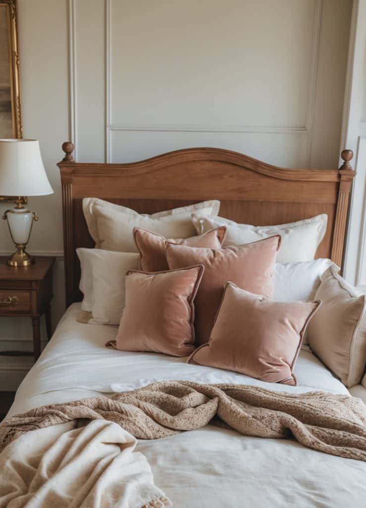 A cozy bed adorned with plush pillows in shades of beige and blush, featuring a soft blanket draped over the edge, with a lamp and wooden nightstand nearby and a gold-framed picture on the wall.