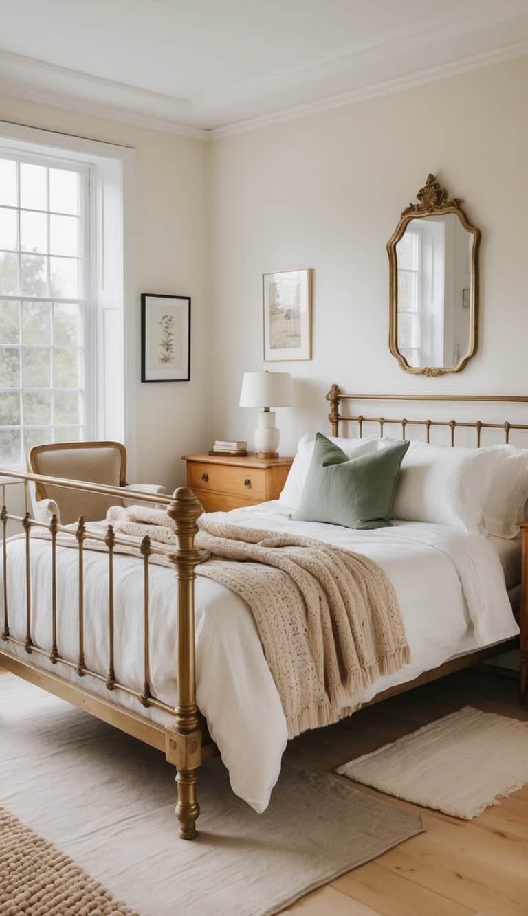 A bright bedroom with an antique brass bed frame, wooden furniture, and soft textiles arranged neatly in a clean and inviting space.