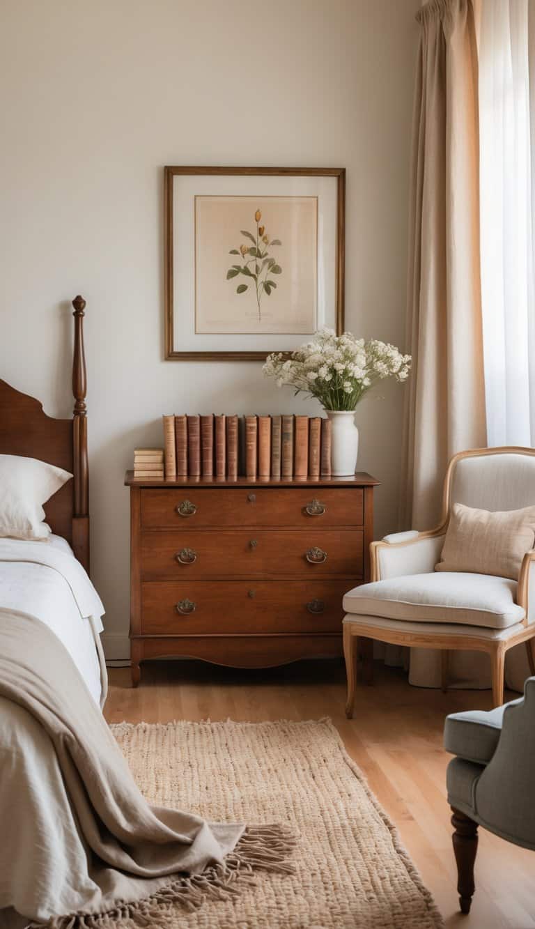 A bright bedroom with a neatly made bed, wooden furniture, shelves filled with leather-bound books, and natural light coming through sheer curtains.