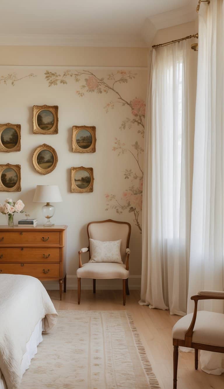 A bright bedroom with vintage oil paintings in gilded frames on the wall, a neatly made bed, wooden furniture, and soft natural lighting.