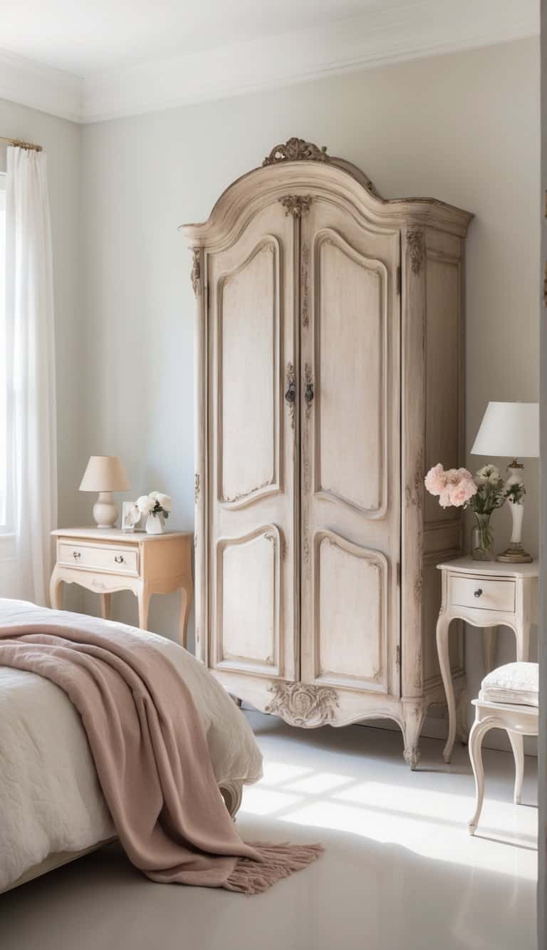 A bright bedroom featuring a wooden armoire, a neatly made bed, a bedside table with a lamp, and soft natural light filling the room.