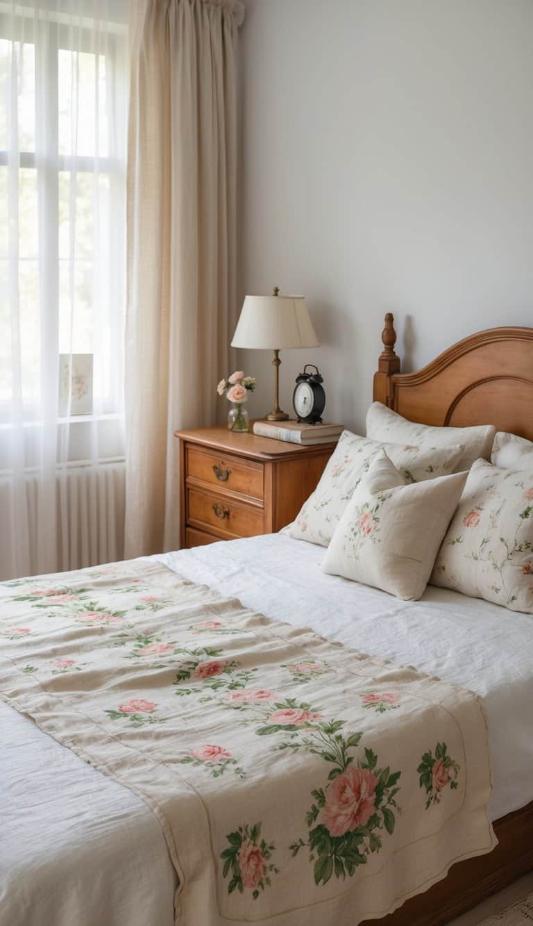 A bright bedroom with a neatly made bed featuring a vintage linen throw, wooden furniture, soft natural light, and decorative items on bedside tables.