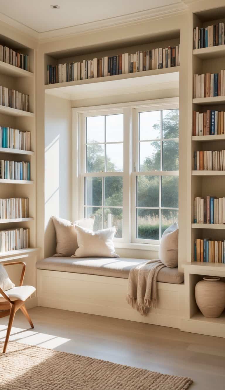 A bright home library with a window nook featuring built-in storage, cozy seating, and open bookshelves filled with books.
