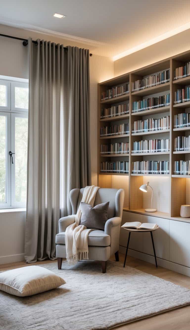 A bright home library room with blackout curtains, open bookshelves, a cozy armchair with a blanket, and a side table holding an open book and lamp.