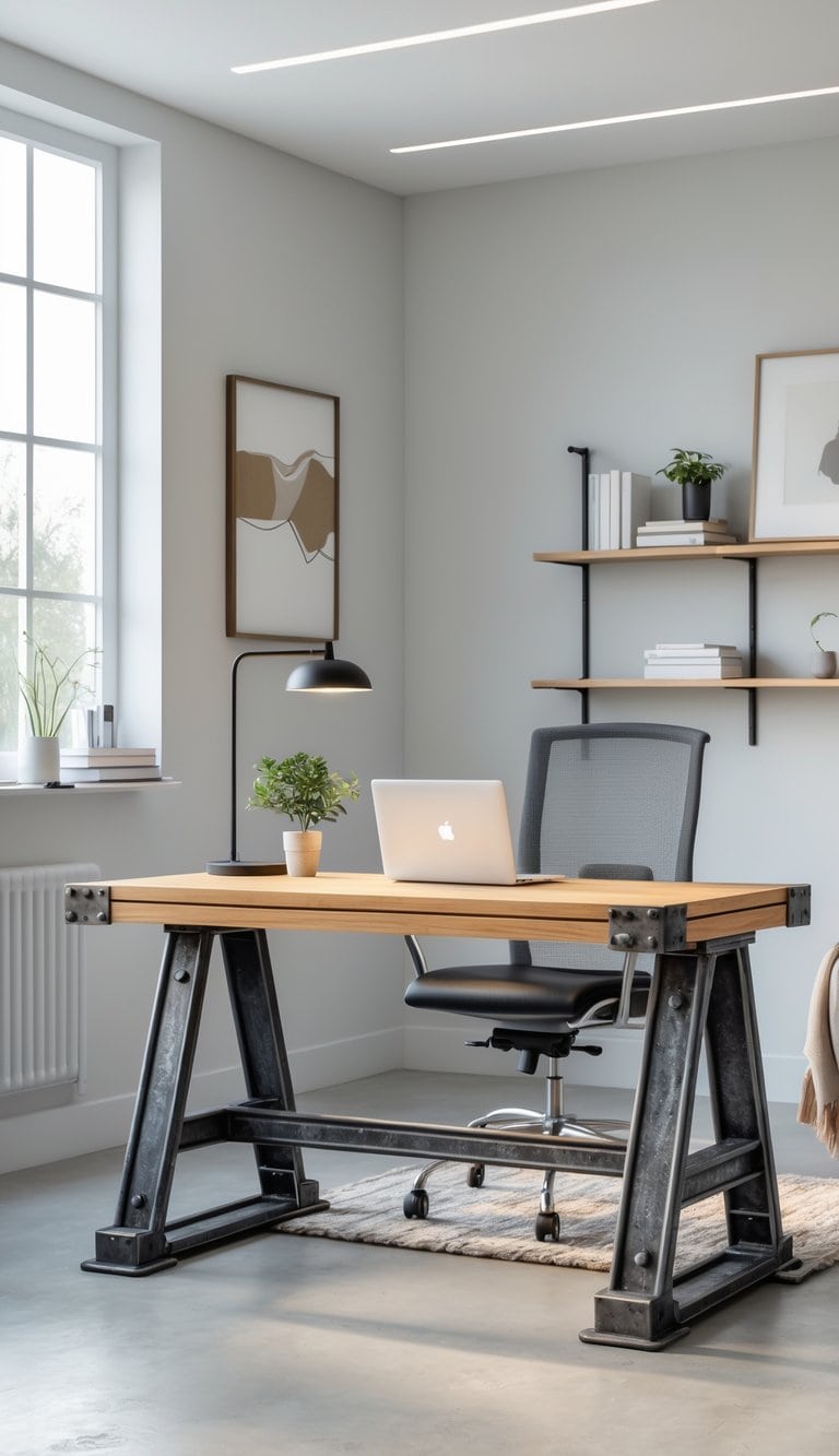 A bright and clean home office with a metal-legged desk, ergonomic chair, shelves with books, and natural light coming through large windows.