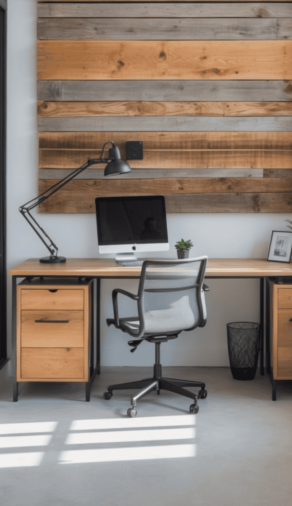 A modern home office setup featuring a wooden desk with a computer and a desk lamp, a gray ergonomic chair, and a potted plant. The wall behind is made of horizontal wood planks in various shades, and there is a small framed picture on the desk. The floor is light gray and there is a small wastebasket to the right.