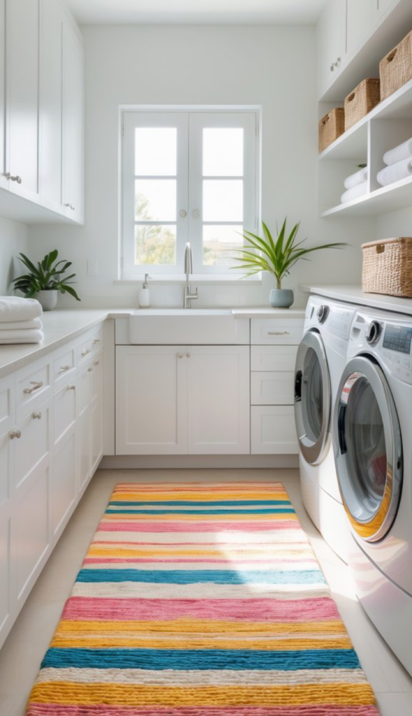 A bright and modern laundry room featuring white cabinetry, a farmhouse sink, and front-loading washing machines. The space is decorated with green plants, neatly arranged towels, and a colorful striped rug in shades of pink, blue, yellow, and white, enhancing the inviting atmosphere.