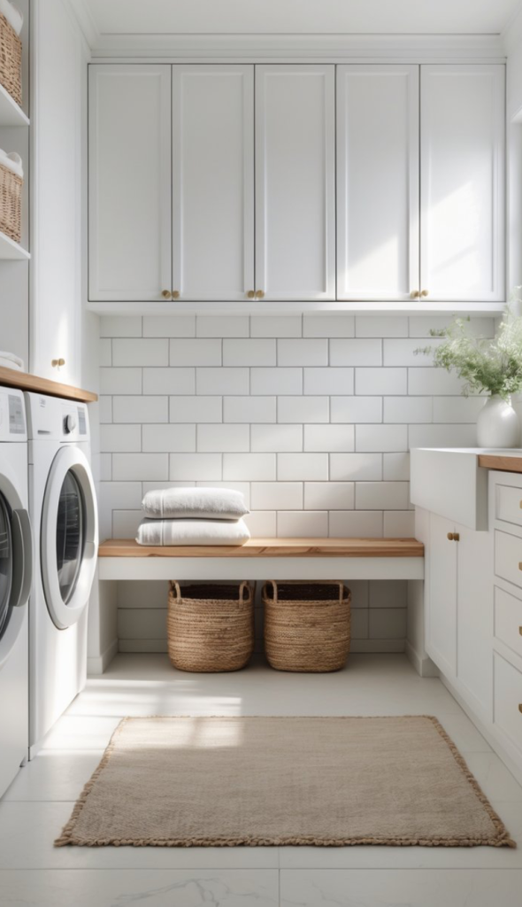 A modern laundry room featuring white cabinets with gold handles, a wooden countertop, and two front-loading washing machines. There are neatly stacked white towels on the counter, and two woven baskets underneath. The walls are adorned with white subway tiles, and a small plant in a vase adds a touch of greenery. A beige rug is positioned on the floor, enhancing the cozy atmosphere.