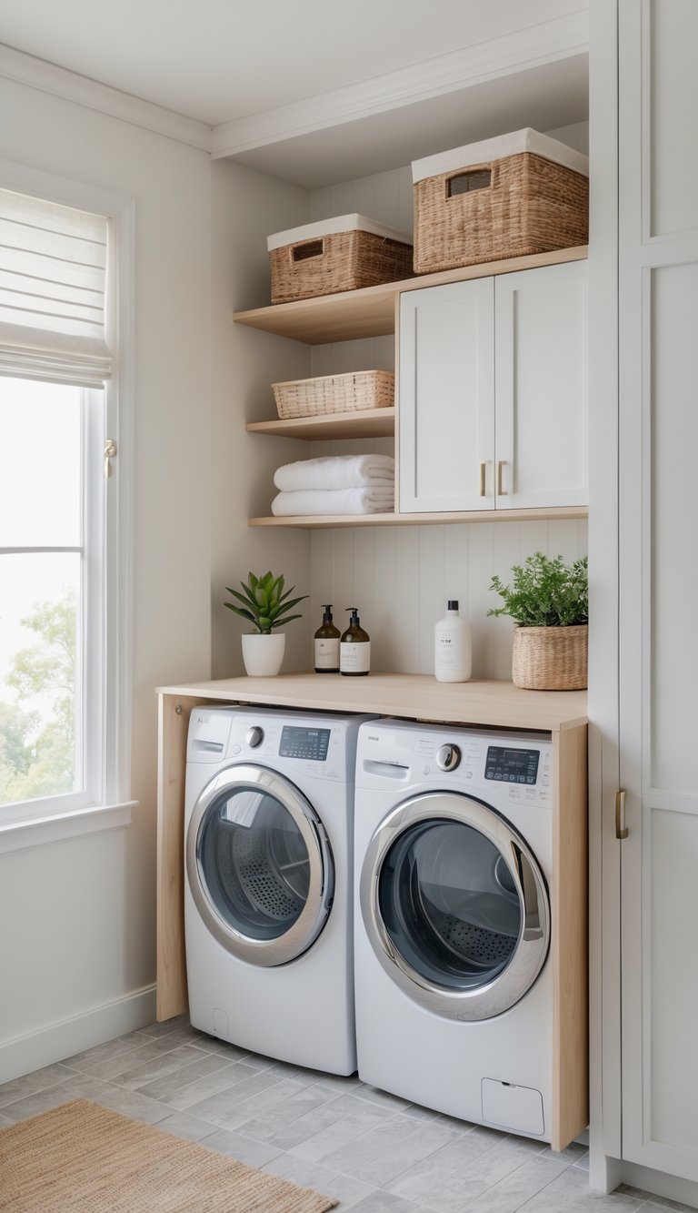 A bright laundry room with a fold-down wall-mounted desk above a washer and dryer, shelves with laundry supplies, and a clean, organized layout.