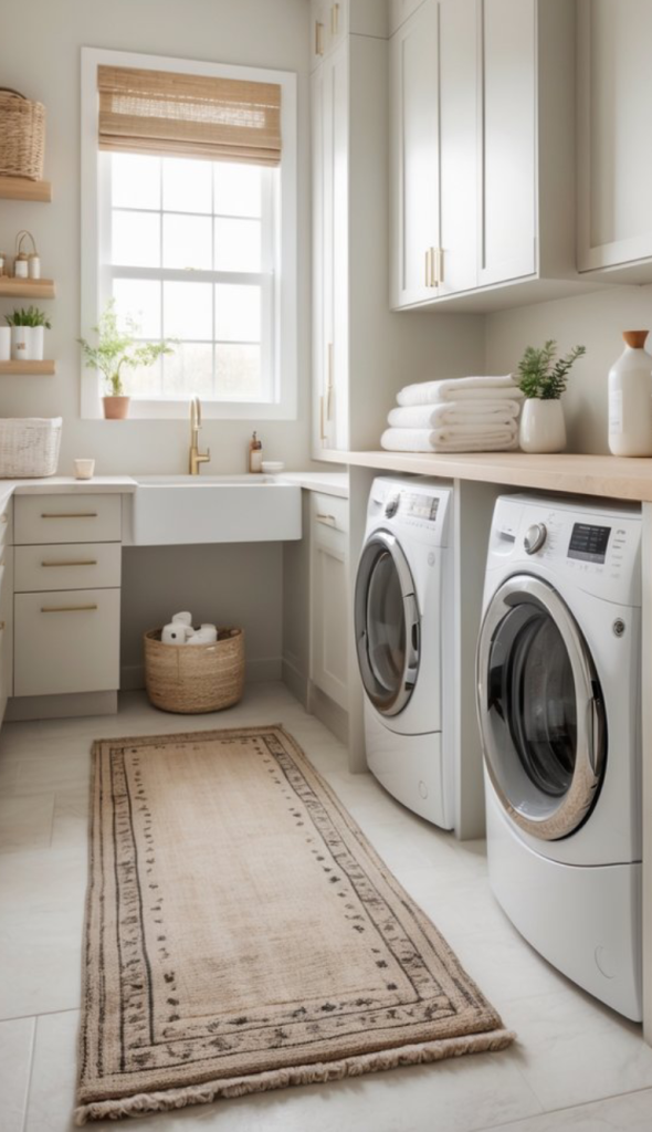 A modern laundry room featuring stacked washer and dryer units, a large white farmhouse sink, and a wooden countertop with neatly rolled towels. There is a woven basket on the floor and decorative plants on the shelves. A rug with a simple design runs along the floor, and a window with natural light filters through a bamboo shade.