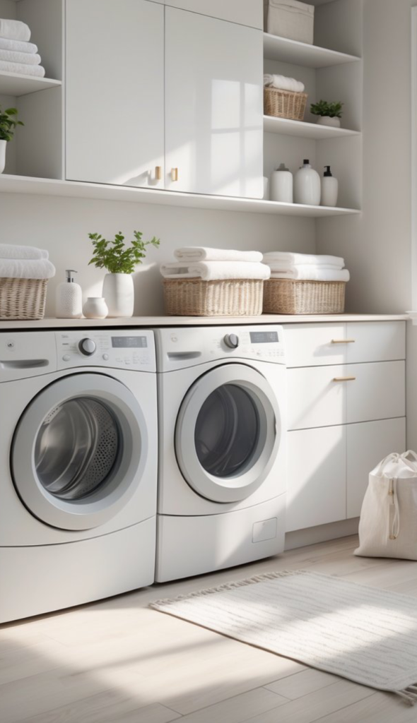 A modern laundry room featuring white front-loading washing and drying machines, neatly stacked towels on the machines, and decorative baskets. Above, there are shelves displaying a potted plant, decorative bottles, and more towels, all illuminated by soft natural light.