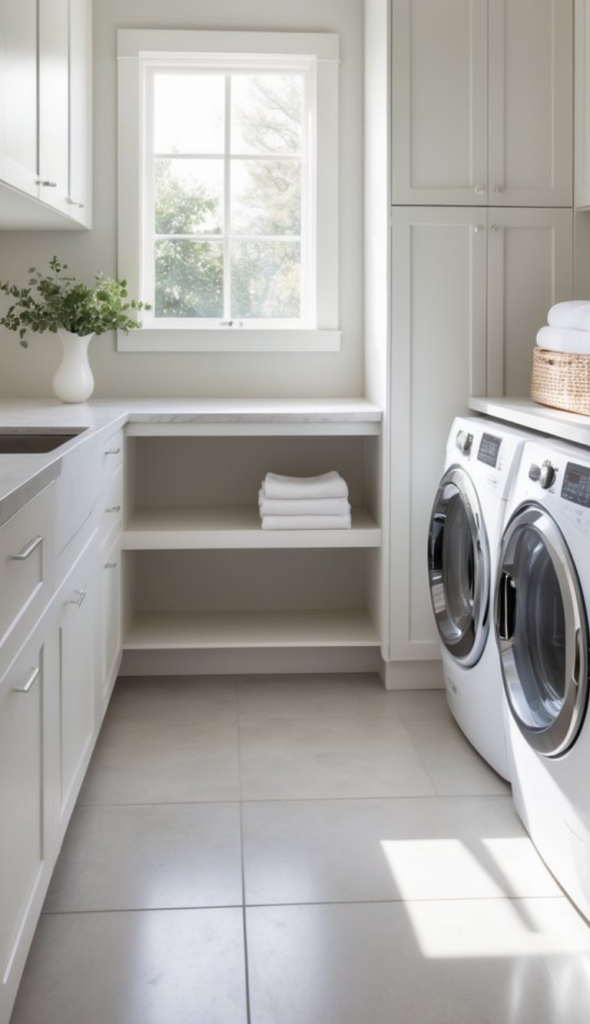 A modern laundry room featuring white cabinets, a marble countertop, a window with greenery outside, and a shelf with neatly stacked white towels next to two front-loading washing machines.