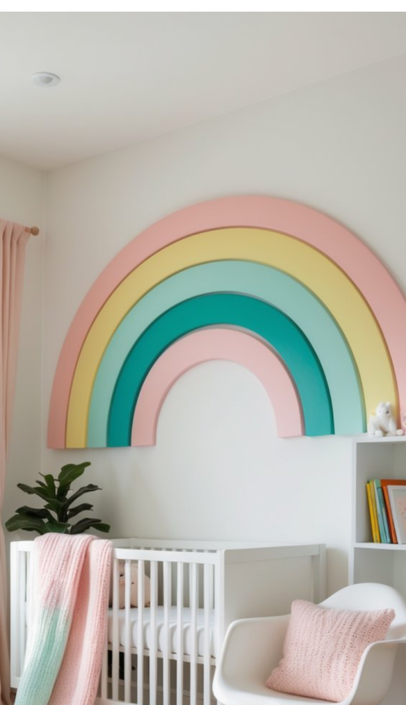 A colorful wall decoration featuring five layered arcs in pink, teal, mint green, yellow, and light blue resembling a rainbow, positioned above a white crib with a pink and green knitted blanket, a white chair with a pink pillow, and a small green plant, in a softly lit room.