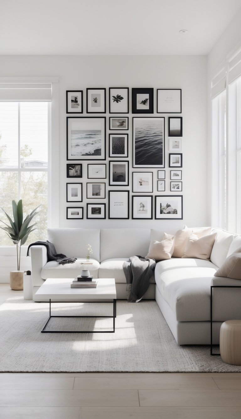 Bright living room with a black and white photo gallery wall, modern furniture, and natural light filling the space.