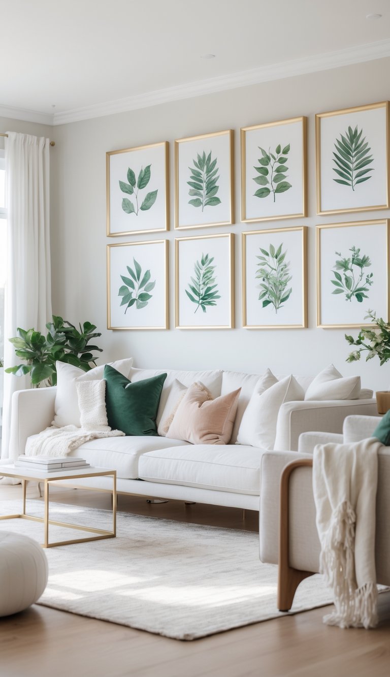 A bright living room with a gallery wall of botanical prints in gold frames above a modern sofa, featuring styled furniture and natural light.