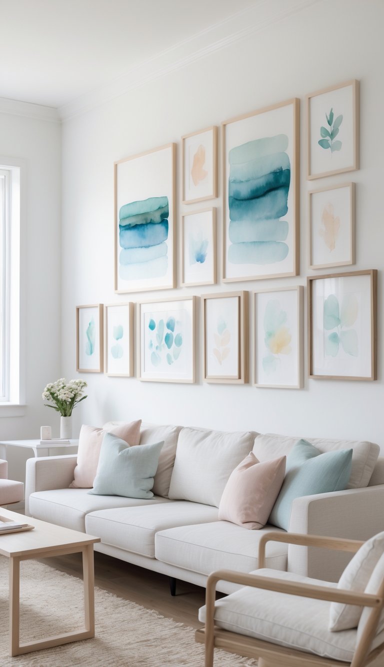 A bright living room with a gallery wall of framed artwork, a sofa, coffee table, and shelves in a clean and inviting space.