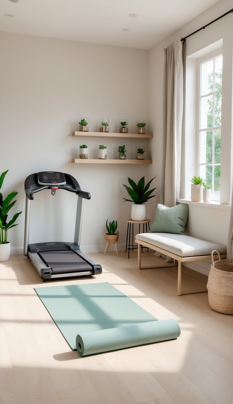 Plant-filled home gym decor idea featuring treadmill by window, floating shelves with small plants, woven basket, neutral bench seating, and rolled yoga mat.