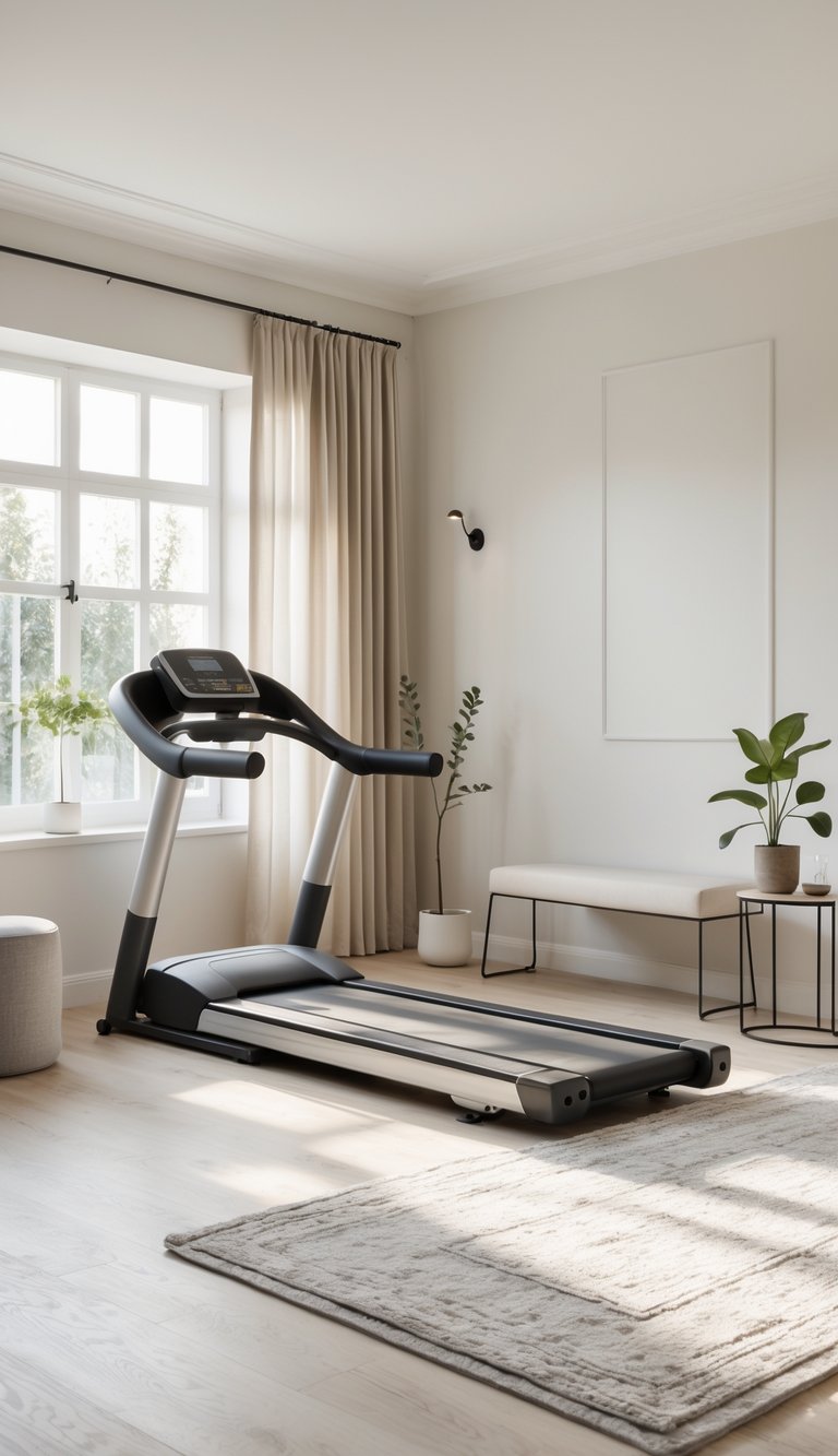 Neutral-toned home gym decor idea with treadmill near large window, beige curtains, upholstered bench, potted plants, light wood flooring, and soft area rug.
