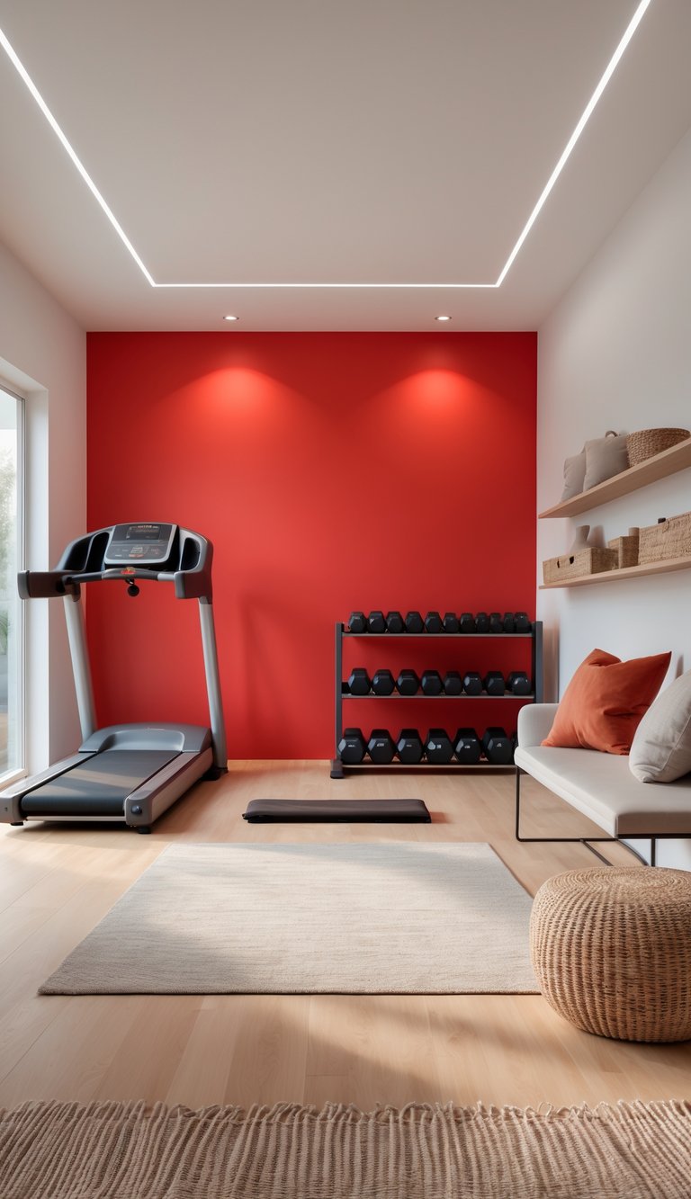 Contemporary home gym decor idea featuring red feature wall, treadmill by window, black free weights, floating shelves with baskets, and cozy neutral sofa.