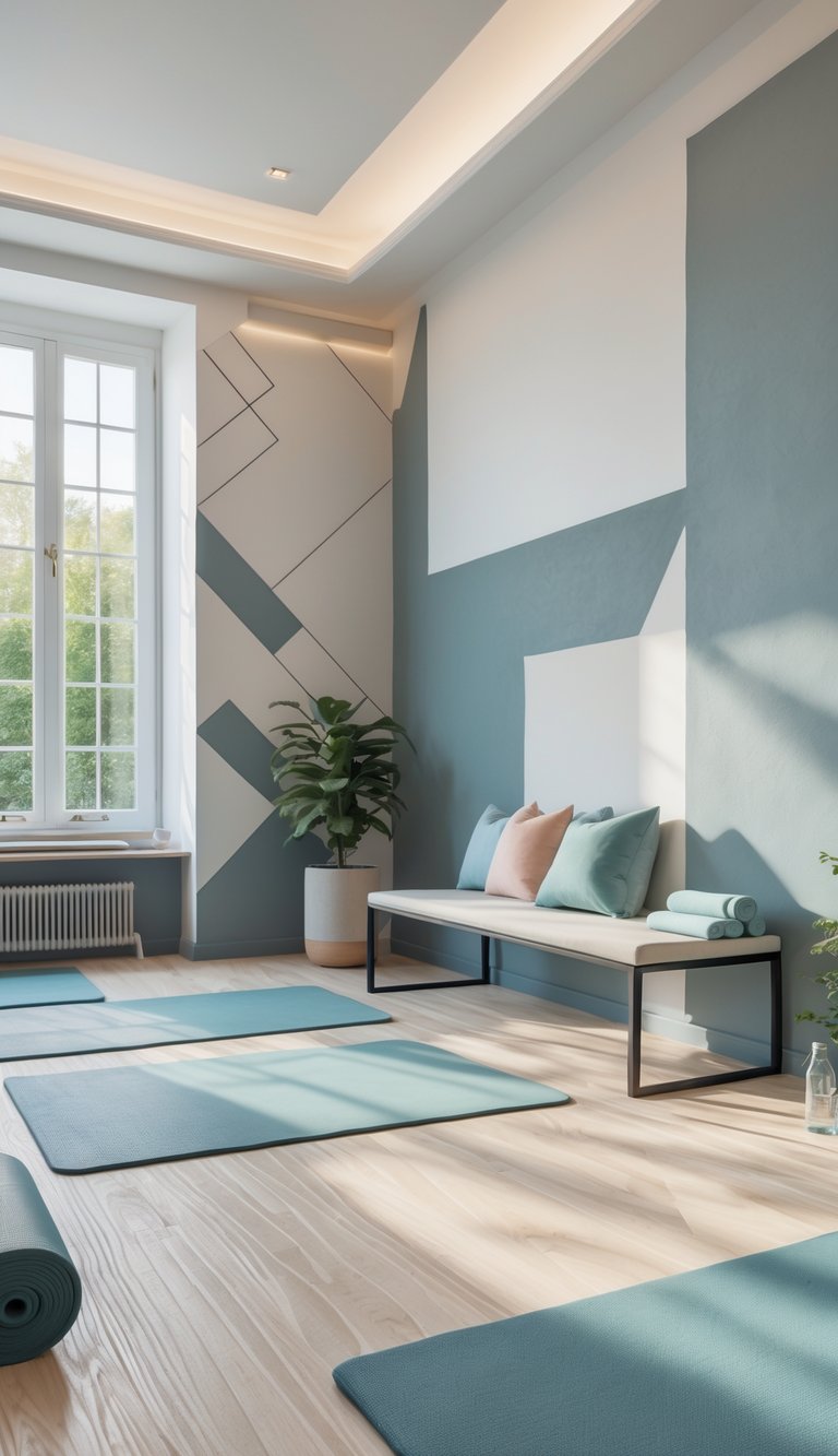 Geometric-inspired home gym decor idea with teal and white accent wall, aligned yoga mats, black metal bench, pastel cushions, recessed ceiling lighting, and light wood floors.