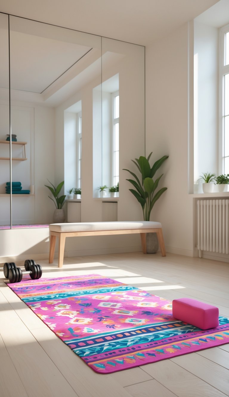 Bright home gym decor idea with colorful patterned yoga mat, pink yoga block, dumbbells, mirrored wall, light wood bench, and indoor plants.