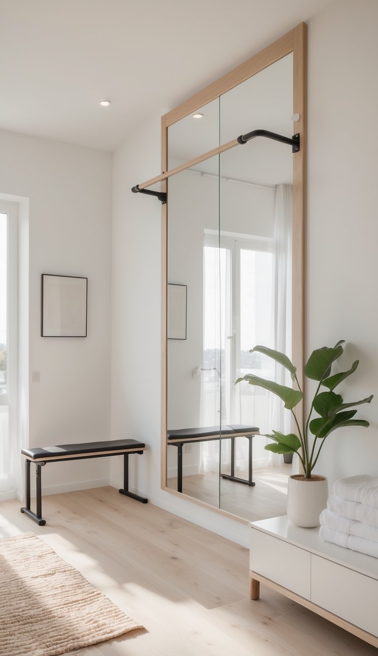 Boutique-inspired home gym decor idea with mirrored wall installation, wooden ballet barre, light hardwood floors, simple bench, soft rug, and bright natural window light.