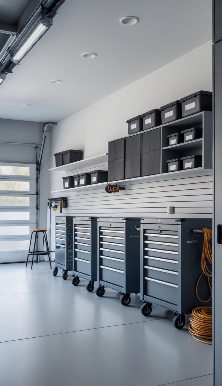 Modern garage organization idea with slatwall panel system, floating shelves, labeled black storage bins, and rolling steel tool chests.
