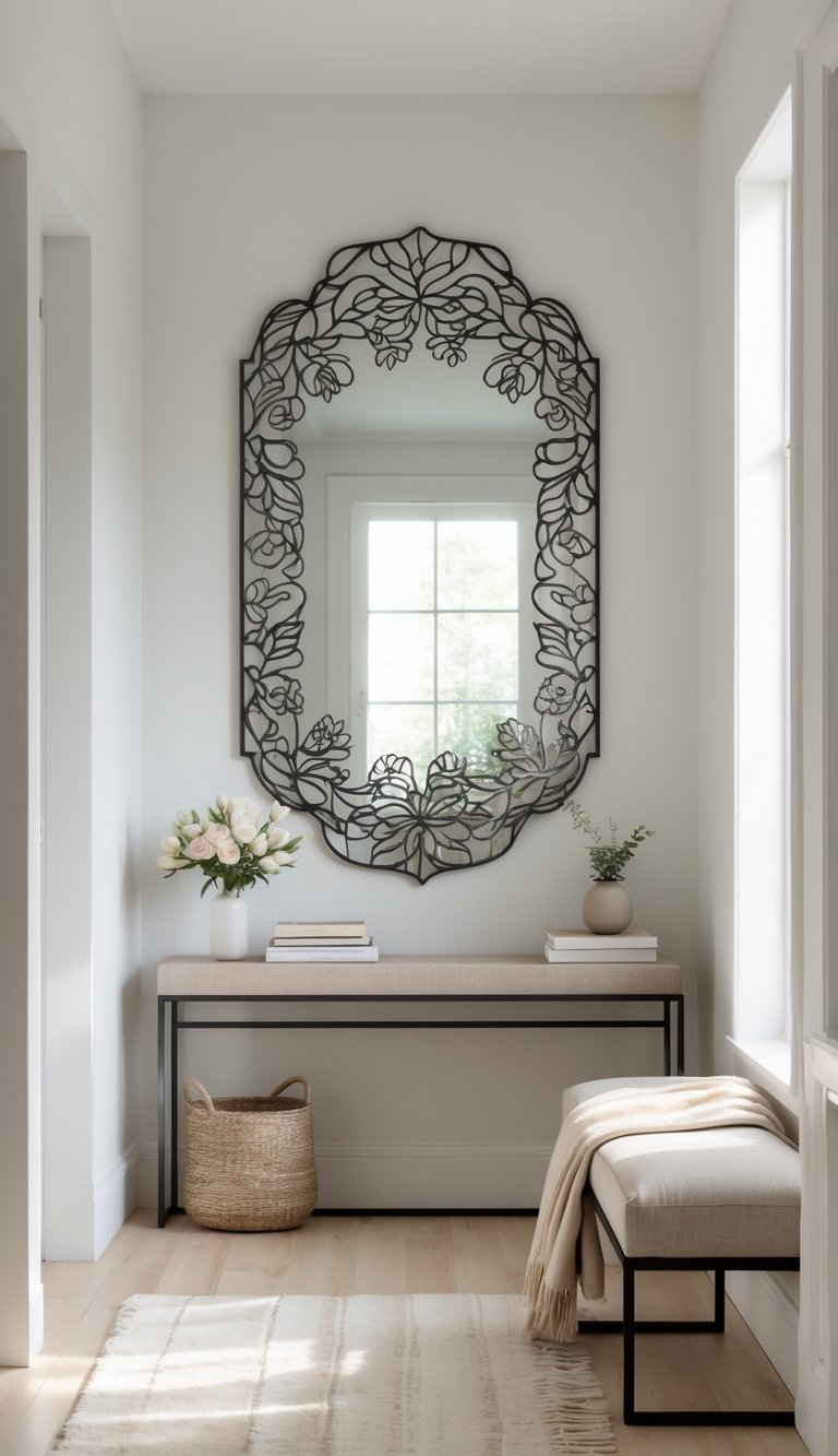 Bright entryway with a large floral metal overlay mirror above a console table, featuring decorative items and a bench with a throw blanket.
