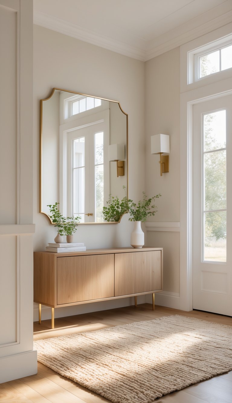 An entryway with a large brass-edged mirror above a wooden console table, decorated with a small plant and books, illuminated by natural light.