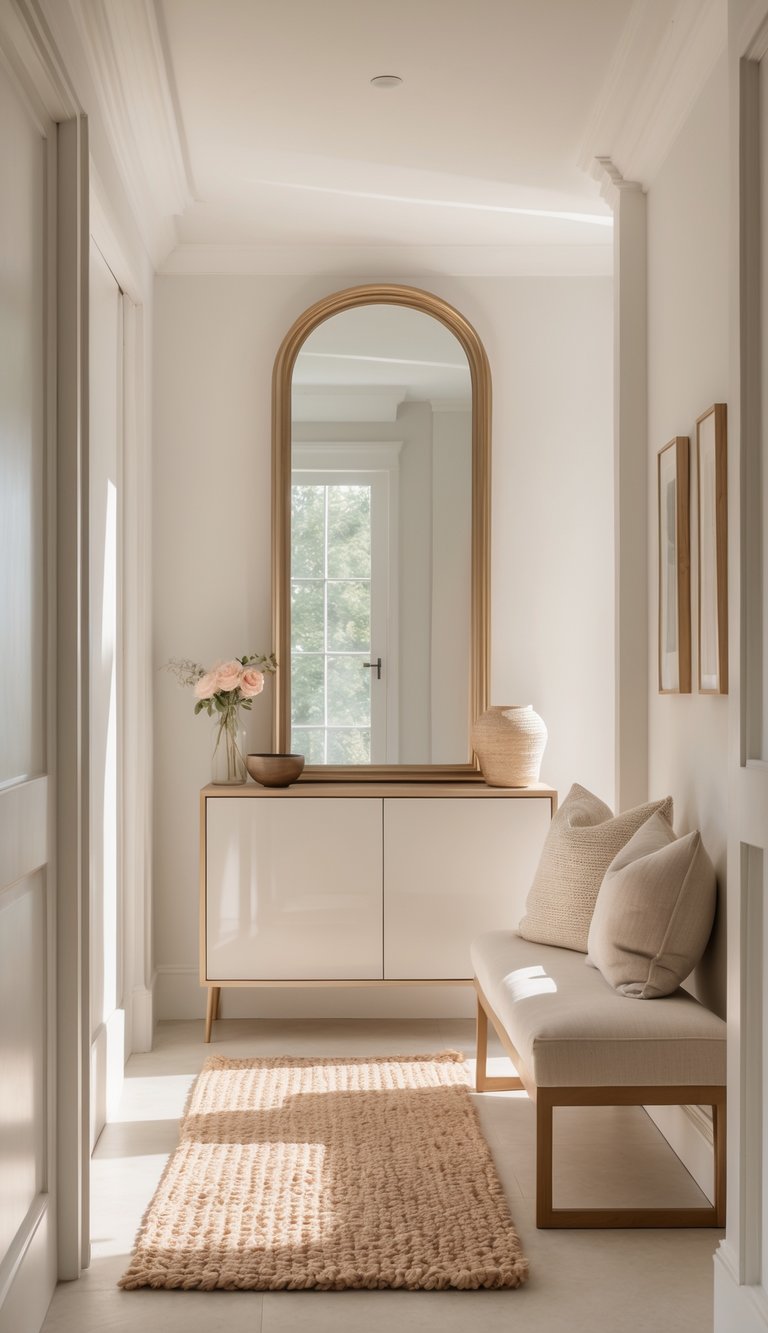 Bright entryway with a framed mirror above a console table, a bench with a cushion, and a woven rug on the floor.
