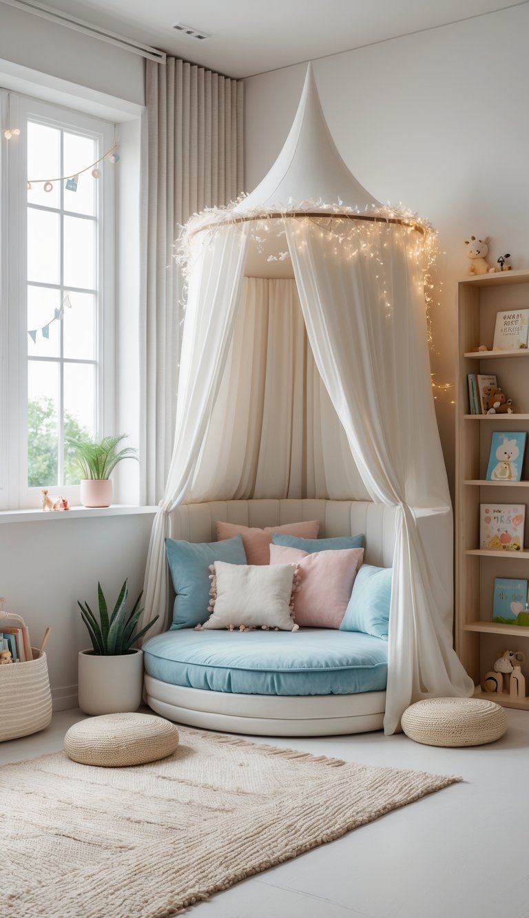 Dreamy kids’ playroom idea with white canopy drapes, round upholstered daybed, pastel pillows, woven poufs, fairy string lights, light wood bookshelf, and large window.
