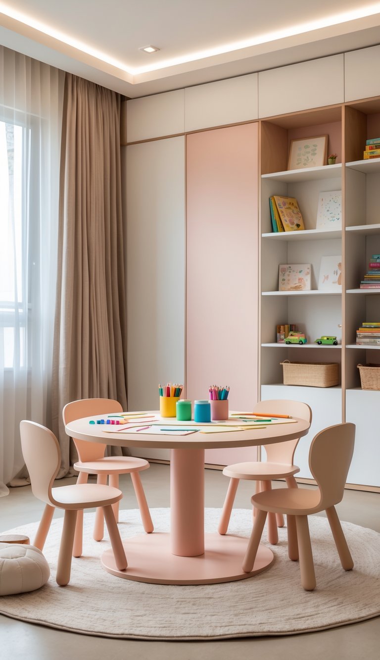 Modern kids’ playroom idea with blush pink round activity table, four child-sized chairs, built-in neutral cabinetry, open shelving with books and toys, and soft round rug.