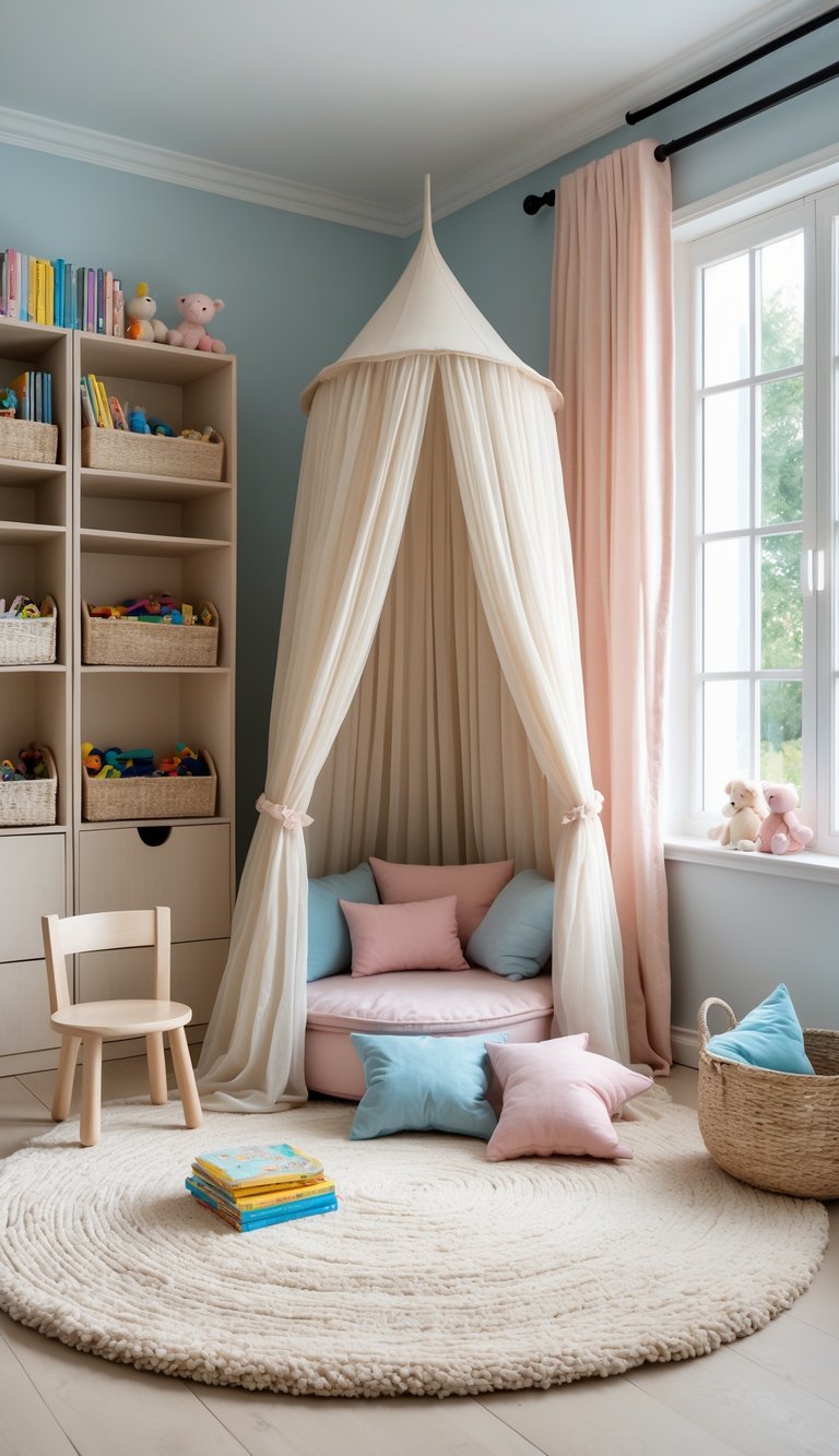 Scandinavian-style kids’ playroom idea with ceiling canopy drapes, round cushioned reading seat, pastel pillows, woven storage baskets, circular knit rug, and soft blue walls.