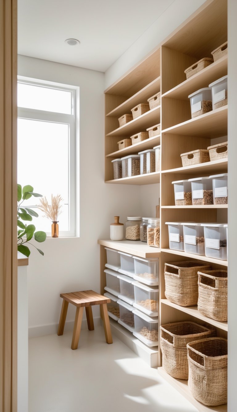 A bright pantry room with neatly stacked snack bins on wooden shelves, a small stool, and a countertop with kitchen items.