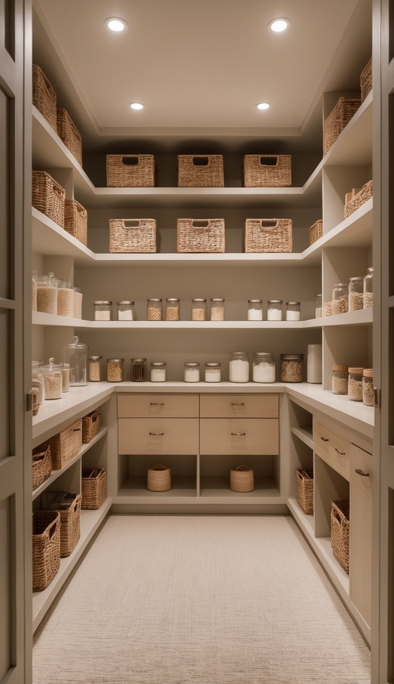 View of a clean and organized pantry with shelves holding jars, baskets, and containers, illuminated by ceiling lights.