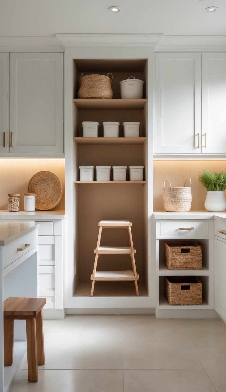A bright pantry room with neatly organized shelves and a folded step stool stored inside a built-in niche.