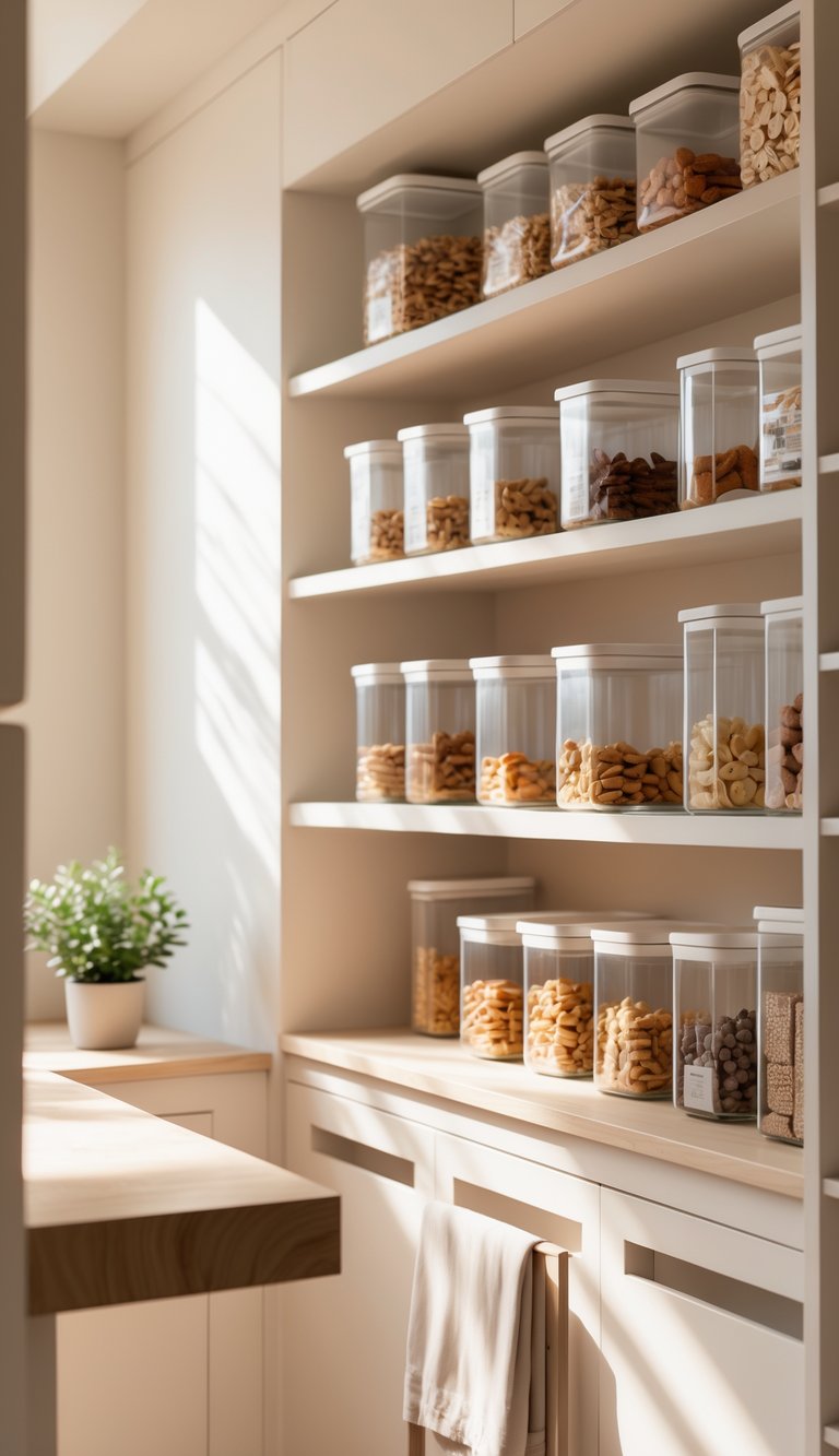 A bright pantry with clear airtight containers neatly storing snacks on shelves, a wooden countertop, and natural light filling the space.
