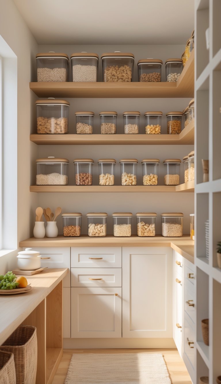 A bright pantry with clear airtight containers filled with snacks neatly arranged on wooden shelves, featuring a clean and organized space.
