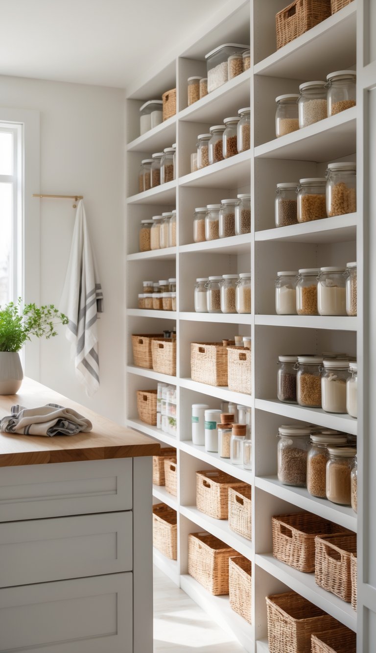 A bright pantry room with tiered shelf organizers holding jars, cans, and baskets, featuring a clean and organized layout with natural light.