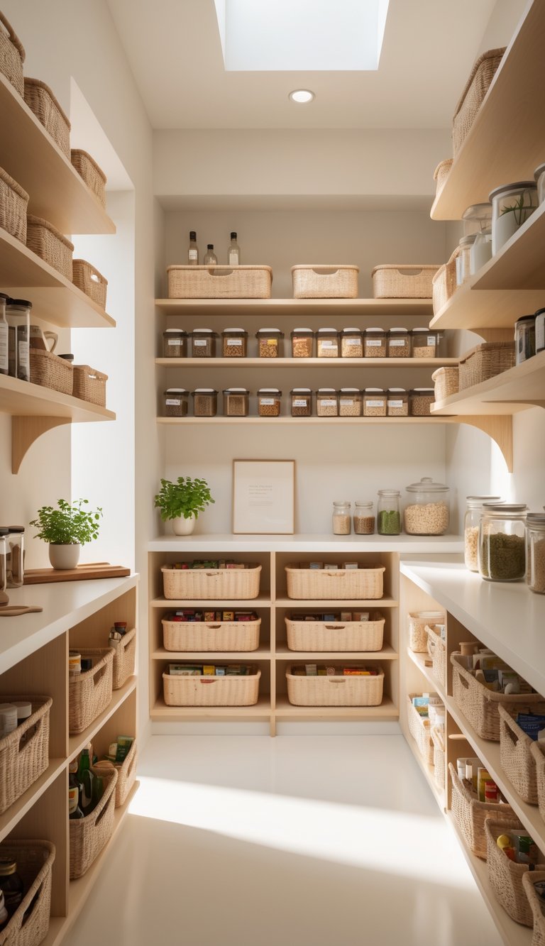 A bright pantry with pull-out baskets on shelves, organized kitchen items, and a small potted plant.